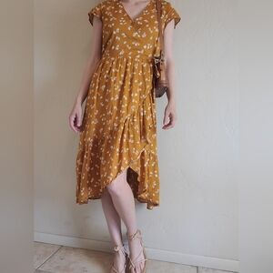 Waist-Defined Faux-Wrap Mustard Yellow Floral Midi Dress Women Old Navy Size Xs